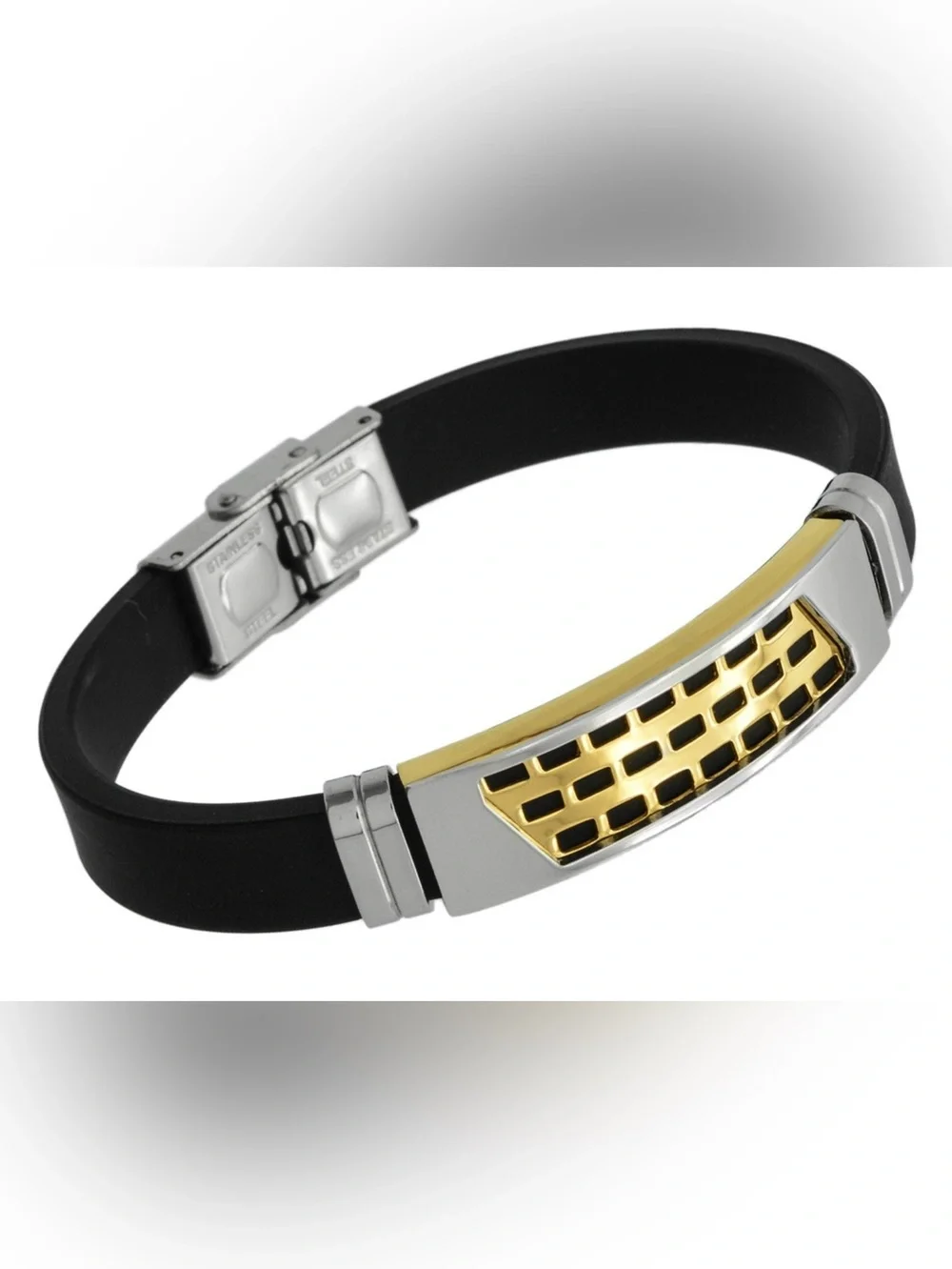 Men's Black Silicone Stainless Steel Bracelet with Gold & Silver Accent Plate